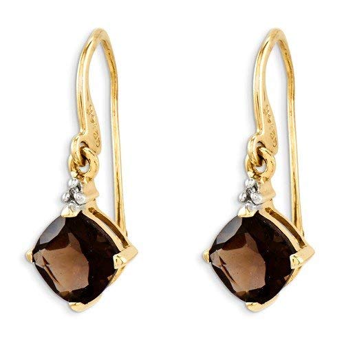 Solid 14k Yellow Gold Brown Simulated Smokey Quartz & Diamond Dangle Earrings (.01 cttw.) (25mm x 10mm)