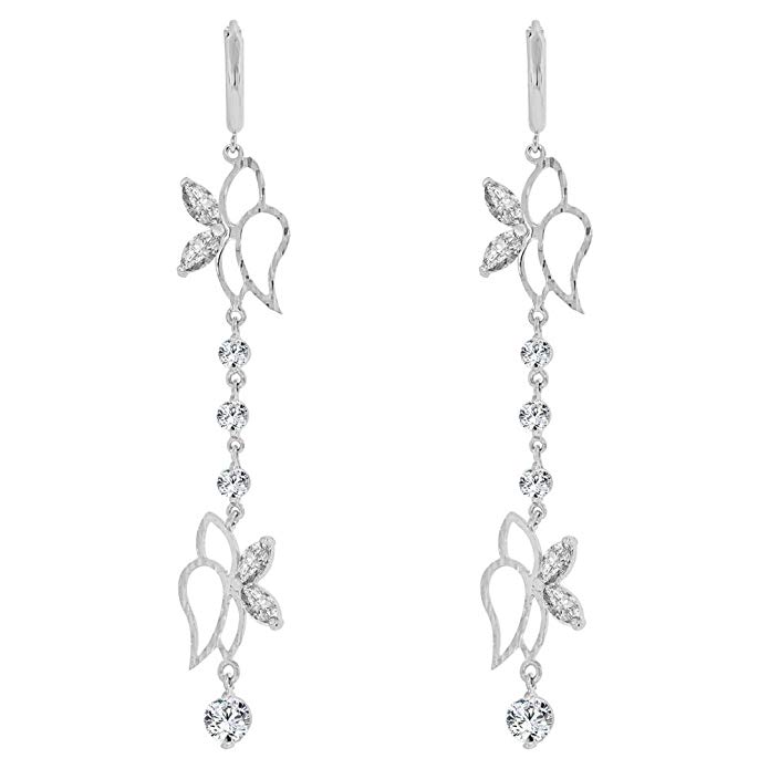 14k White Gold, Fancy Long Abstract Butterflies Dangling Drop Earring Created CZ Crystals