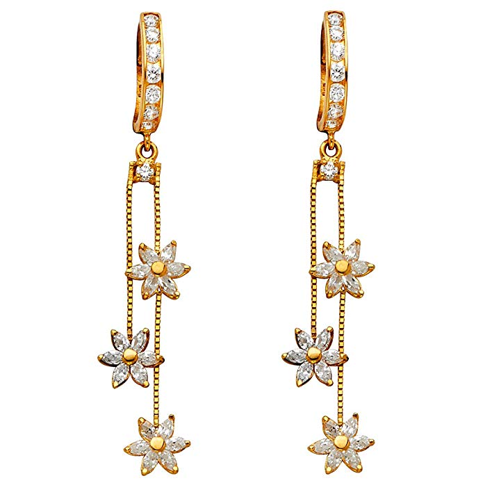 14k Yellow Gold CZ Flower Drop Earrings