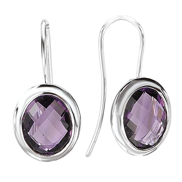 925 Sterling Silver High-Polish Finish Oval Faceted Amethyst Wire Earrings