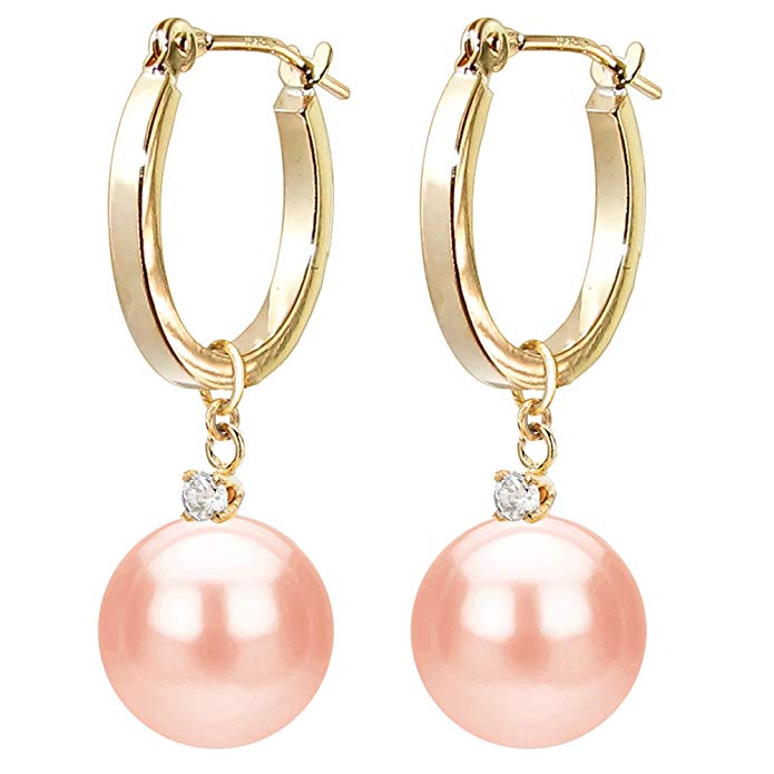 14k Yellow Gold 1/10cttw Diamond 8-8.5mm Pink Freshwater Cultured Pearl Dangle Earrings for Women Jewelry