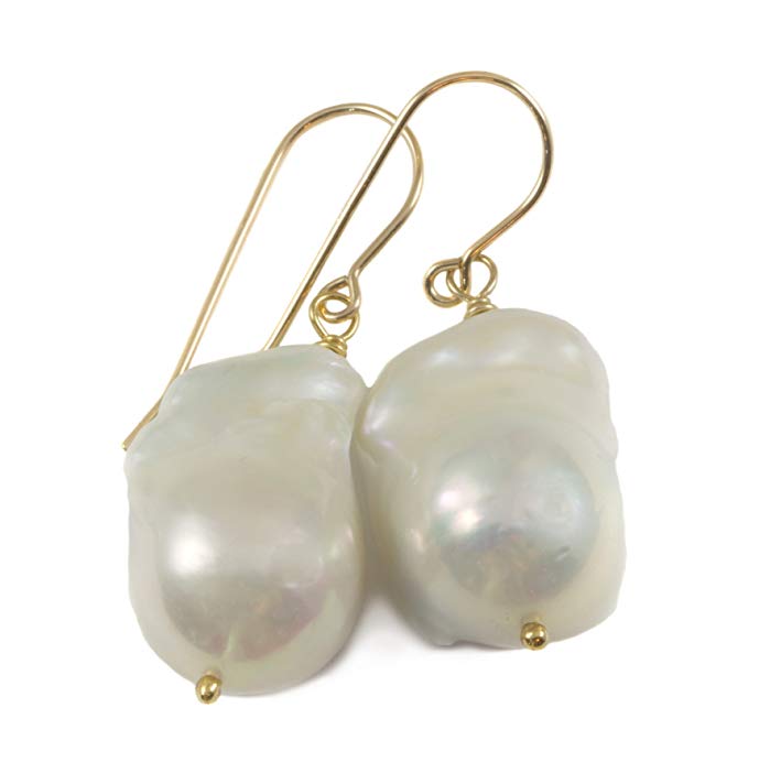 14k Gold Filled Freshwater Cultured Pearl Earrings Baroque Large White Pearls 15mm