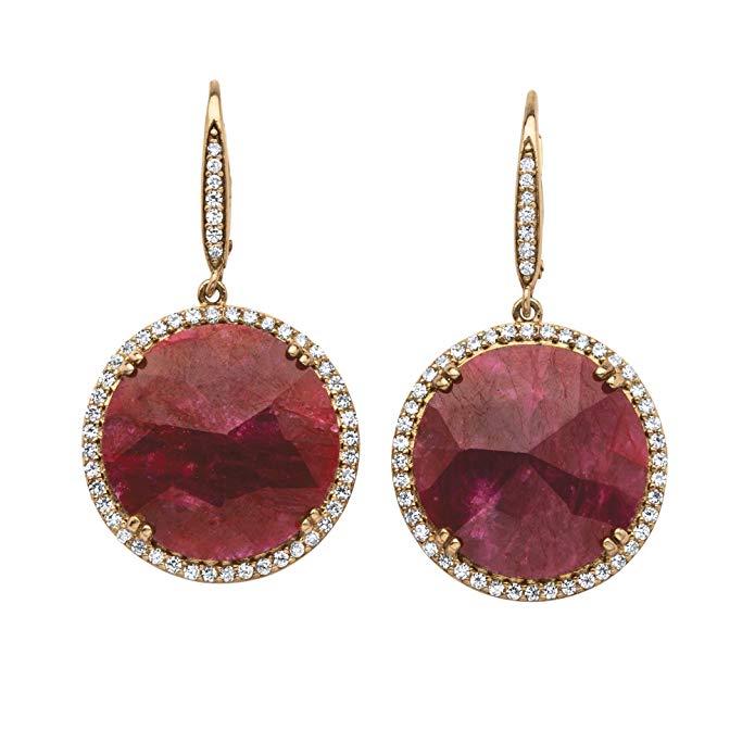 Genuine Hand-Cut Red Ruby and Pave CZ 14k Gold over .925 Silver Halo Earrings