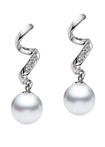 14k White Gold AAAA Quality White Freshwater Cultured Pearl Diamond Dangle Earrings