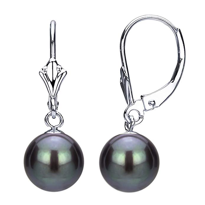 Sterling Silver 9-9.5mm Round Dyed-black Freshwater Cultured Pearl Design Lever-back Earrings