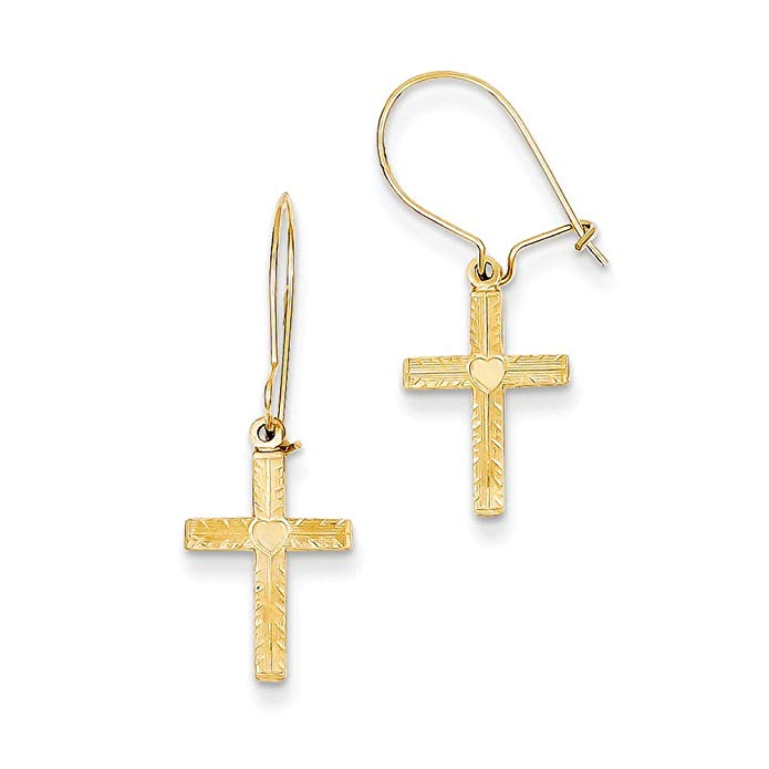 14k Yellow Gold Polished & Satin Cross Earrings - Religious Jewelry