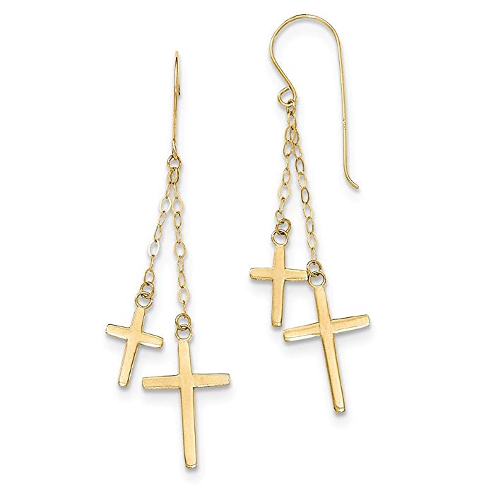 14K Yellow Gold Chain Dangle Cross Shepard Hook Earrings