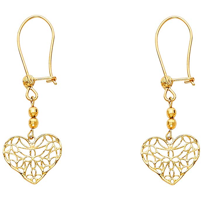 14k Yellow Gold Open Heart Fishhook Back Earrings (11.7 x 13.7 mm)