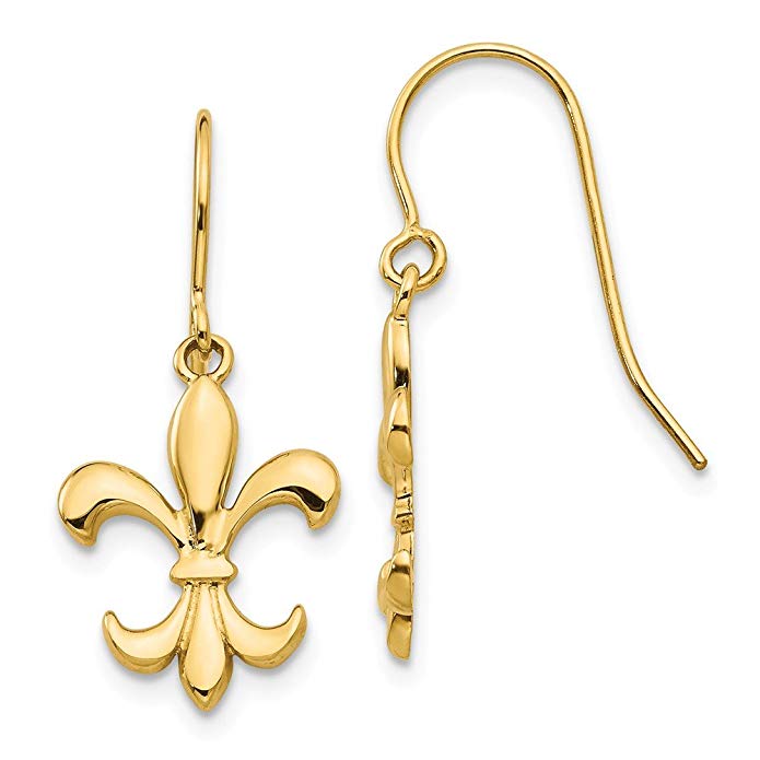 14k Polished Fleur de lis Dangle Earrings, 14 kt Yellow Gold