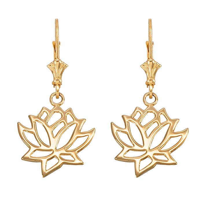 Lotus Flower Leverback Earrings in Polished 14k Yellow Gold