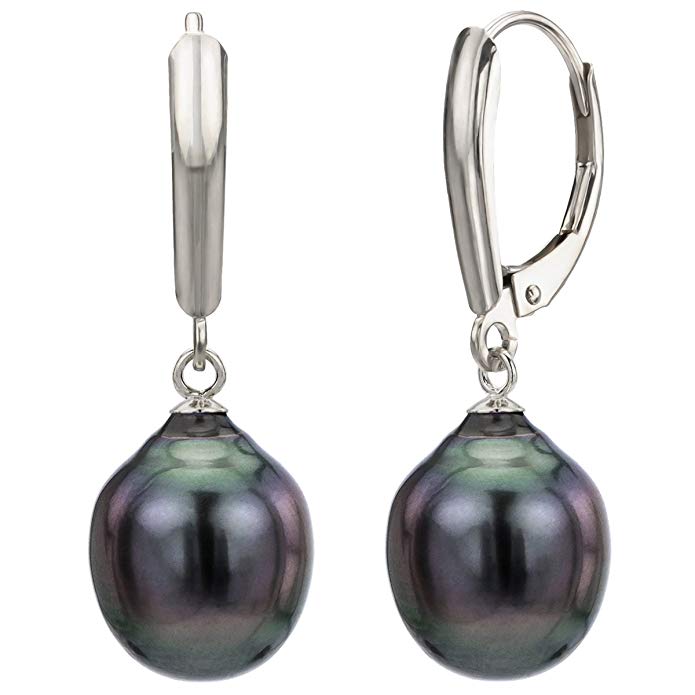 Cultured Baroque Black Tahitian Pearl Earrings Leverback 14K White Gold Jewelry 10-10.5mm