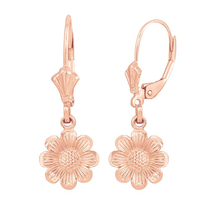 Fine 14k Rose Gold Sunflower Dangle Earrings