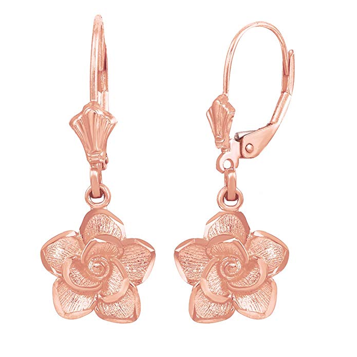 Beautiful 14k Rose Gold Rose Flower Leverback Earrings