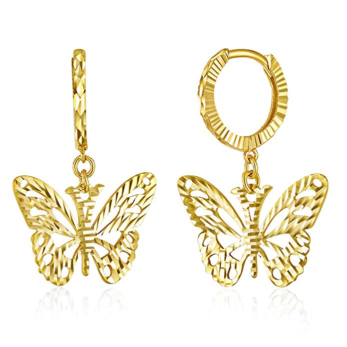 Wellingsale Ladies 14k Yellow Gold Polished Butterfly Fancy Drop Earrings