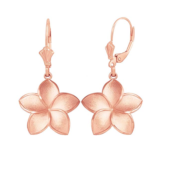 Matte Finish 14k Rose Gold Hawaiian Flower Plumeria Dangle Earrings (Medium)