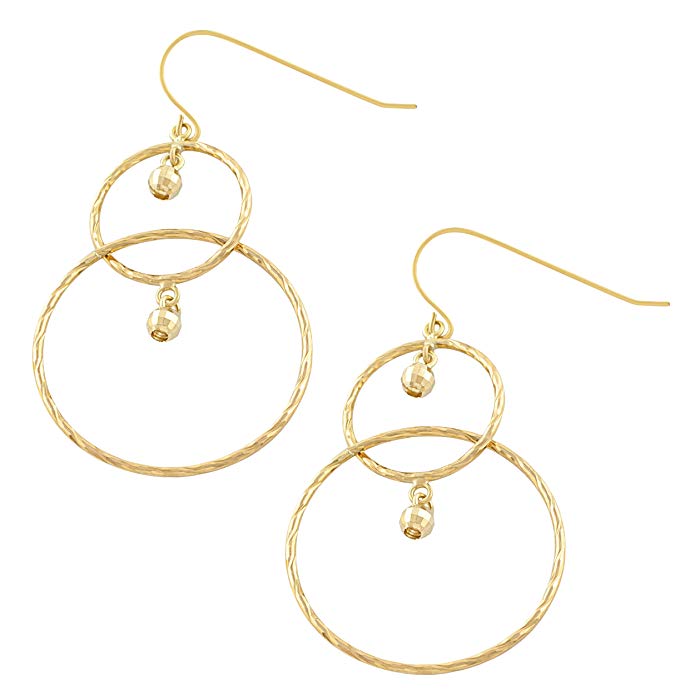 10k Yellow Gold Diamond-cut Graduated Circles With Bead Dangle Earrings