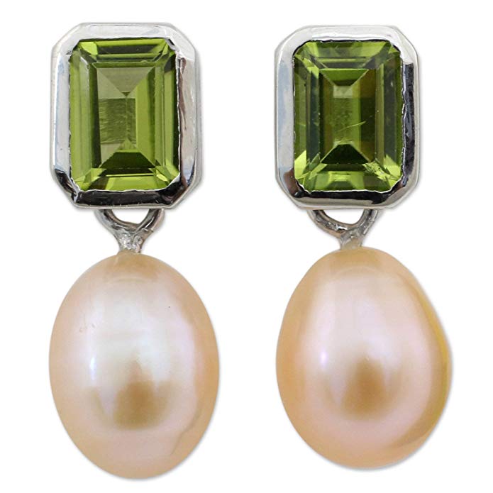 NOVICA Peridot Pink Cultured Freshwater Pearl .925 Sterling Silver Bridal Drop Earrings 'Attraction'