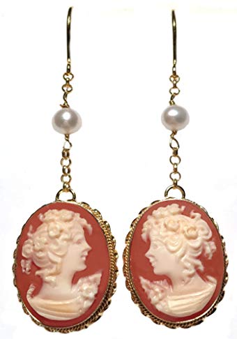 Cameo Earrings Master Carved, French Wire Dangle Pearl Insert Carnelian Shell Sterling Silver Italian