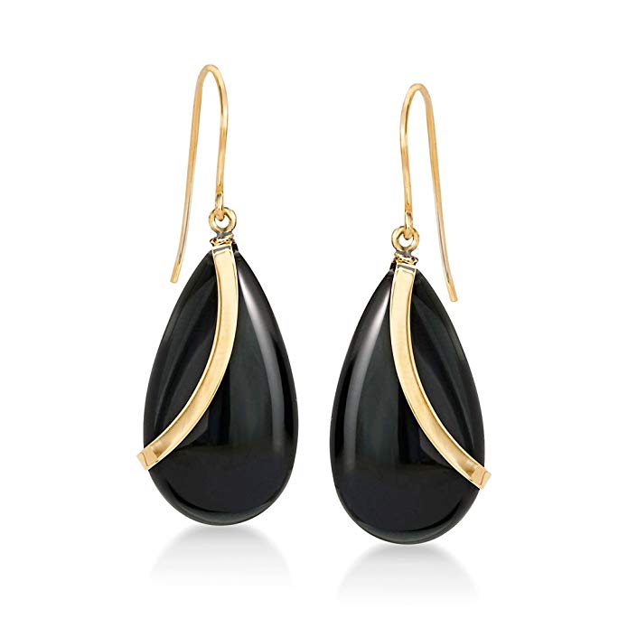 Ross-Simons Pear-Shaped Black Onyx Drop Earrings in 14kt Yellow Gold