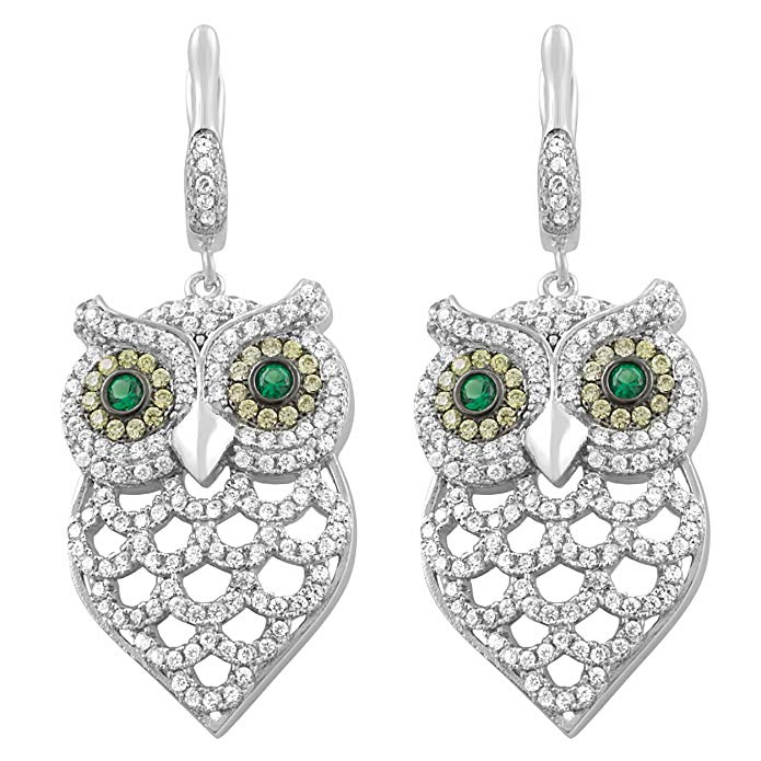 Sterling Silver Cubic Zirconia Owl Hinged Drop Earrings