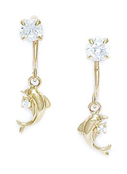 14k Yellow Gold Cubic Zirconia Dolphin Telephone Earrings - Measures 20x8mm