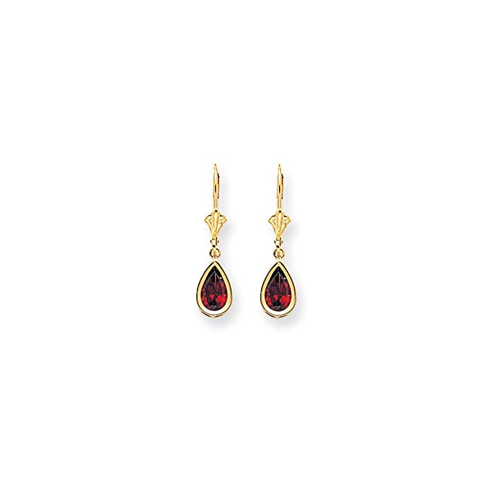 14k Yellow Gold 1.0IN Long 8x5mm Pear Garnet leverback Earrings