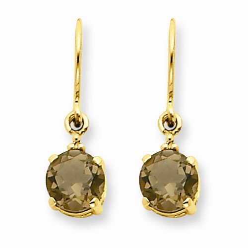 Solid 14k Yellow Gold Brown Simulated Smokey Quartz & Diamond Dangle Earrings (.01 cttw.) (20mm x 5mm)