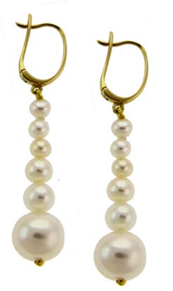 14k Yellow Gold Graduated 4-9.5mm White Freshwater Cultured High Luster Pearl Dangle Earrings