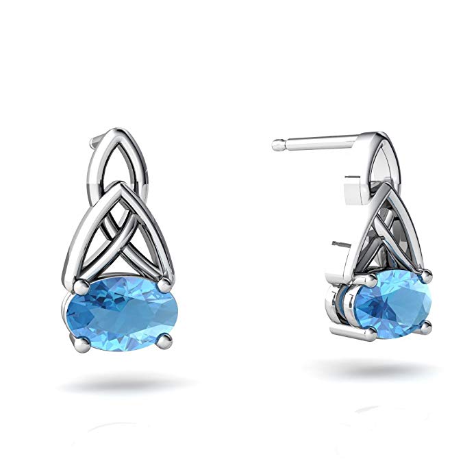 14kt Gold Blue Topaz 6x4mm Oval Celic Trinity Knot Earrings