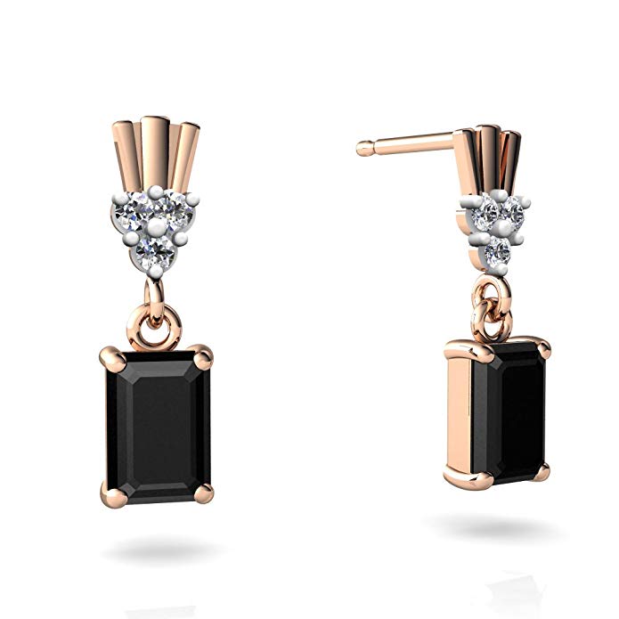 14kt Gold Black Onyx and Diamond 6x4mm Emerald_Cut Art Deco Dangle Earrings