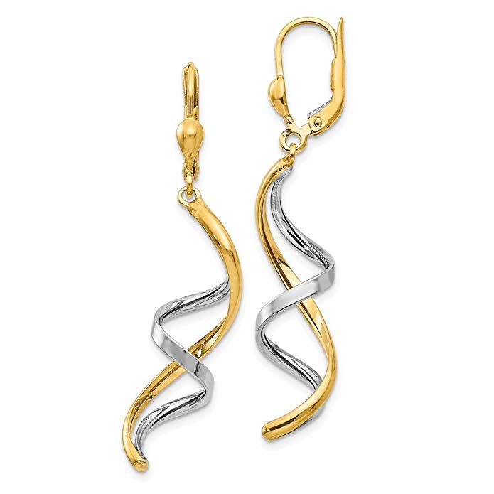 14K Two Tone Gold Spiral Leverback Dangle Earrings (1.7IN x 0.3IN)