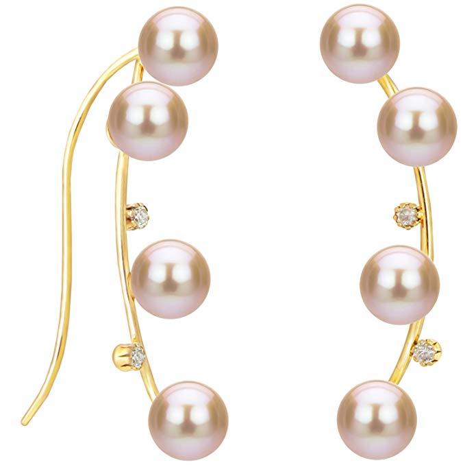 14k Yellow Gold .04tcw Diamond 4-4.5mm Pink Freshwater Cultured Pearl Crawler Earrings