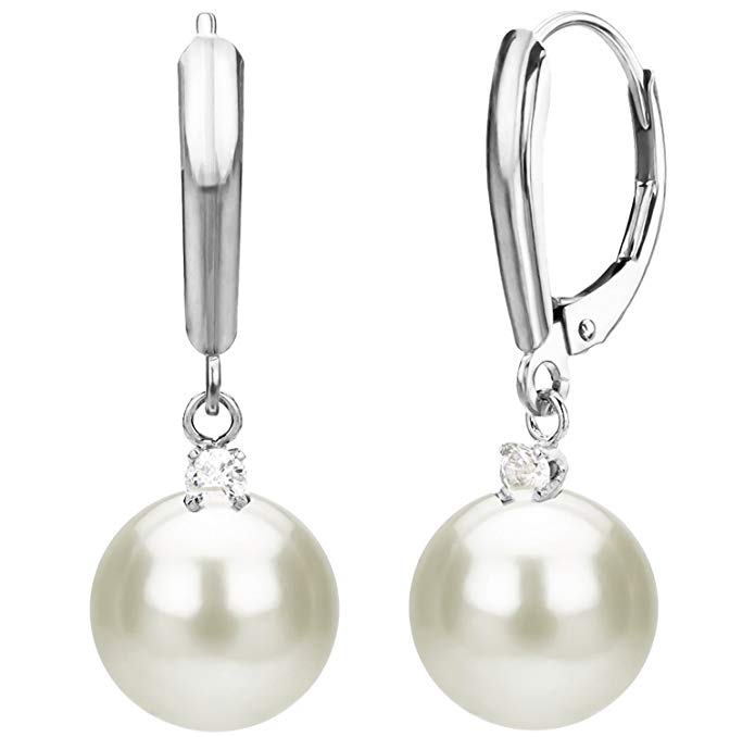 White Freshwater Cultured Pearl and 1/10cttw Diamond Lever-back Earrings in 14k Gold