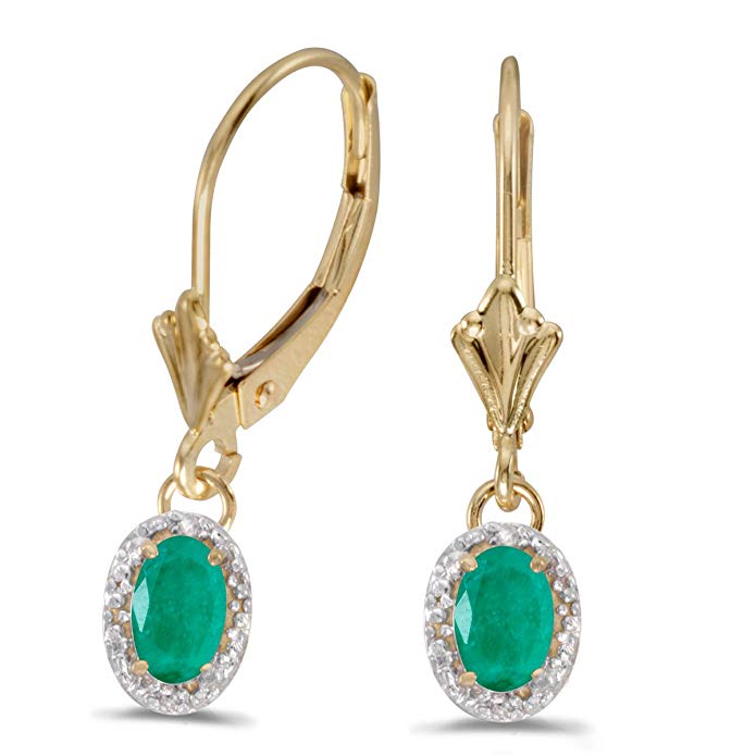 10k Yellow Gold Oval Emerald And Diamond Leverback Earrings