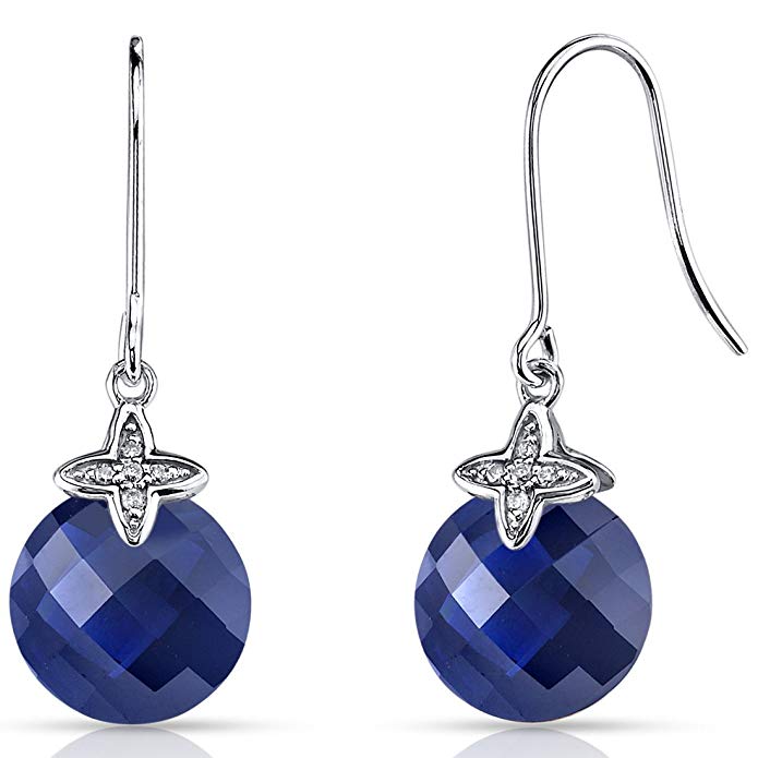 14 Karat White Gold 10.25 Carats Created Blue Sapphire Diamond Dangle Earrings