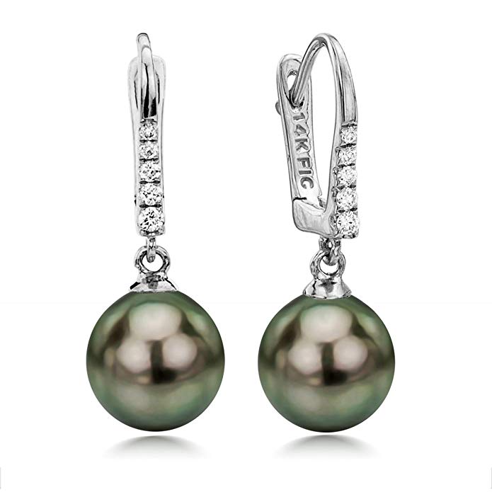 Round Cultured Pearl Earrings Diamond 14K White Gold Lever-back 9-9.5mm 1/10 CTTW