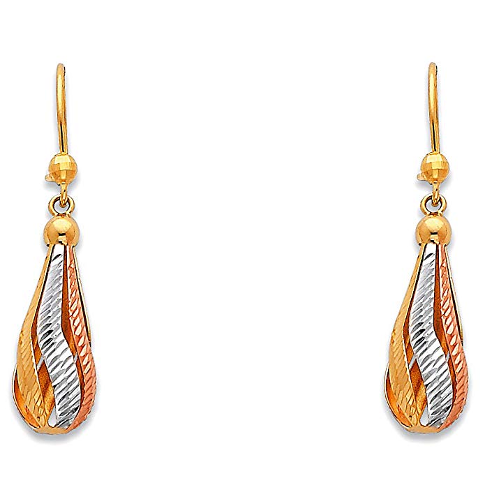 14k Tri Color Gold Teardrop Dangle Earrings (35 x 8 mm)