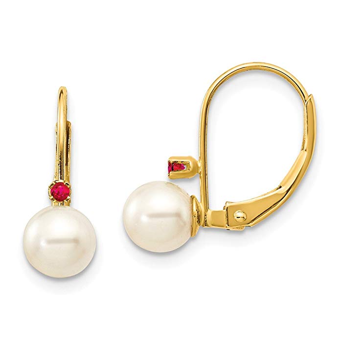 14kt Yellow Gold 5 5.5mm White Round Freshwater Cultured Pearl Red Ruby Leverback Earrings Lever Back Drop Dangle Fine Jewelry For Women Gift Set