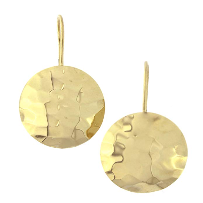 14k Yellow Gold 16mm Hammered Round Disc Circle Dangle Earrings