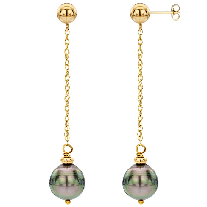 14k Yellow Gold 8-10mm Black Baroque Tahitian Pearl Stud Dangle Earrings.