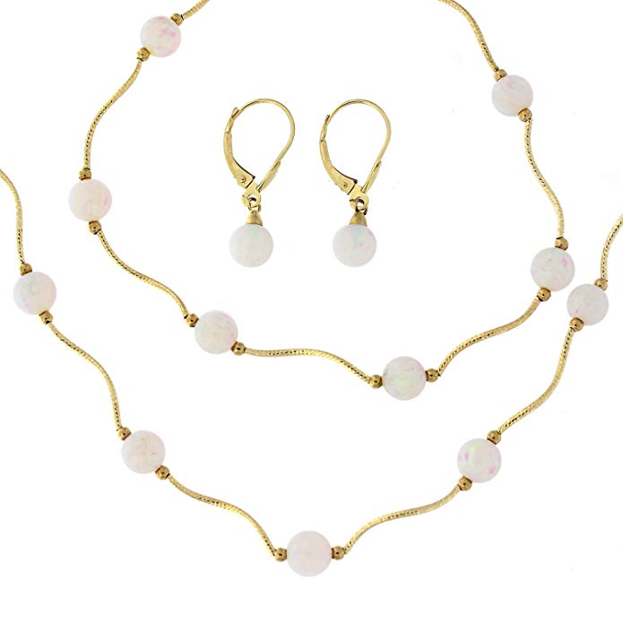 14k Yellow Gold White Simulated Opal Diamond Cut Tin Cup Station Necklace, Bracelet and Earrings Set