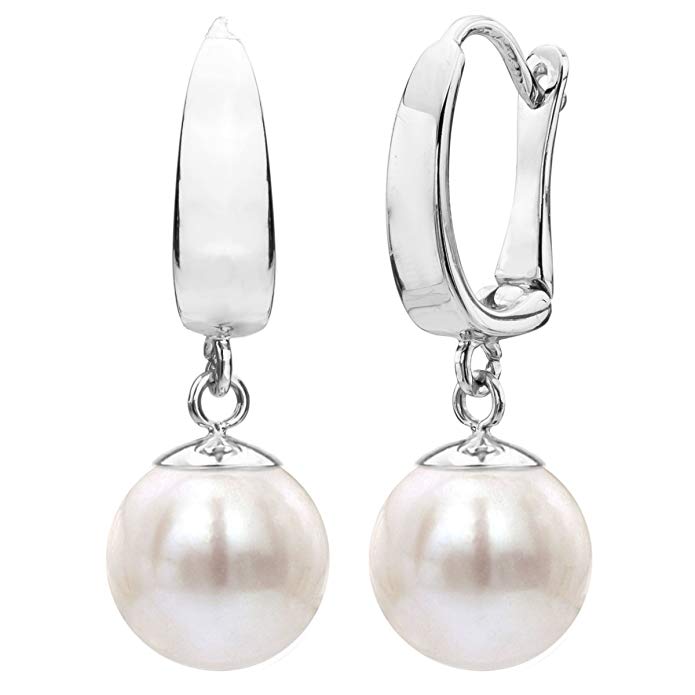 14k White Gold 9-9.5mm Round White Freshwater Cultured High Luster AAA Pearl Lever-back Earrings