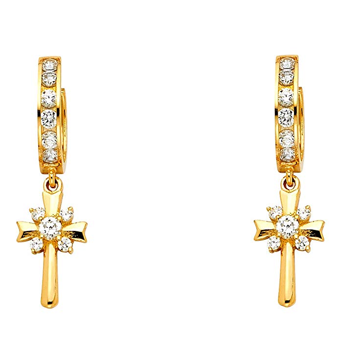 14K Yellow Gold Fancy Huggie Dangle Cross Earrings (8 X 31mm)