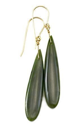 Green Nephrite Jade Earrings Smooth Long Teardrops Simple Dangles 2 Inches