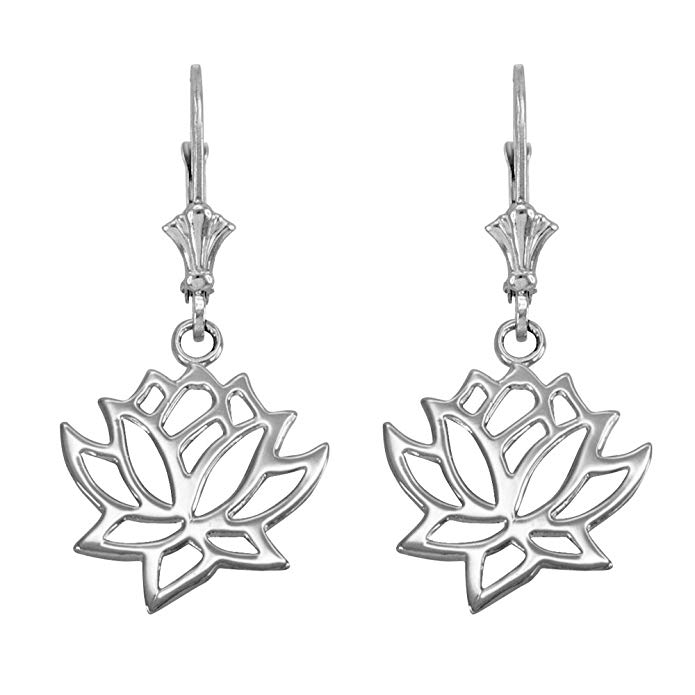 Lotus Flower Leverback Earrings in Polished 14k White Gold