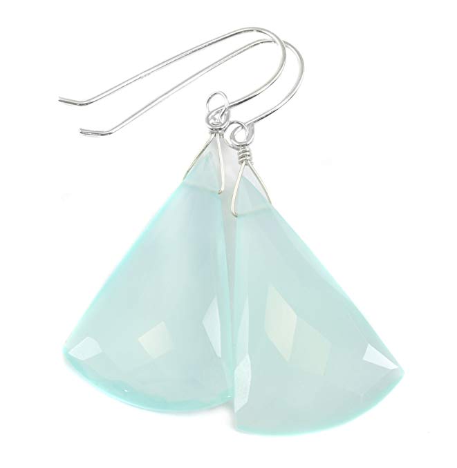 Sterling Silver Chalcedony Earrings Aqua Blue Long Triangle Shape Drop