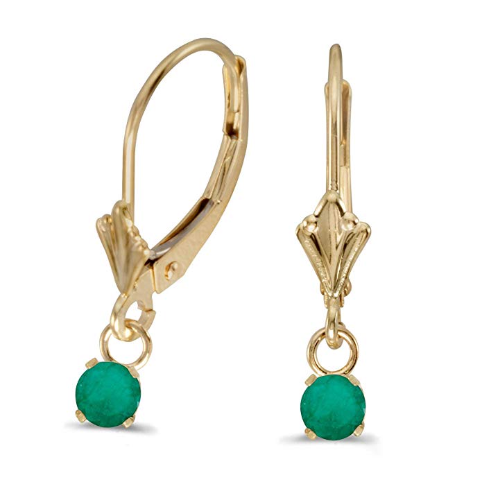 14k Yellow Gold Round Emerald Lever-back Earrings