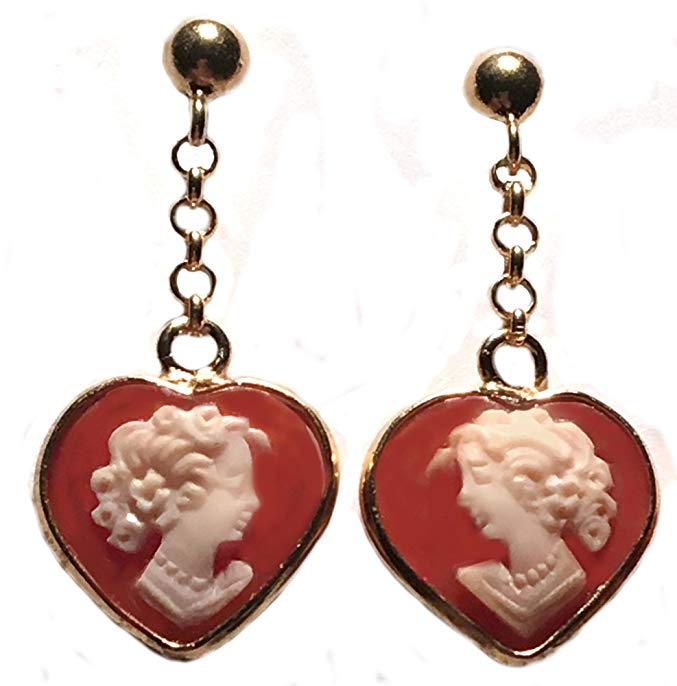 Earrings Dangle Post Back Cameo Italian Sterling Silver 18k Gold Overlay Carnelian Shell Heart Shape