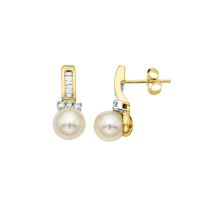 Freshwater Cultured Pearl and 1/4 ct Diamond Drop Earrings in 10K Gold