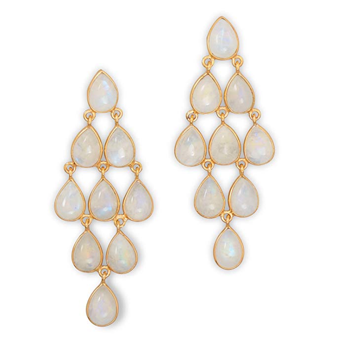 Rainbow Moonstone Chandelier Earrings Gold-plated Sterling Silver Teardrop